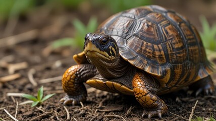 Obraz premium Eastern Box Turtle walking on forest floor. Nature background. Wildlife photography