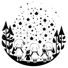 Monochrome Celestial Family Forest Illustration