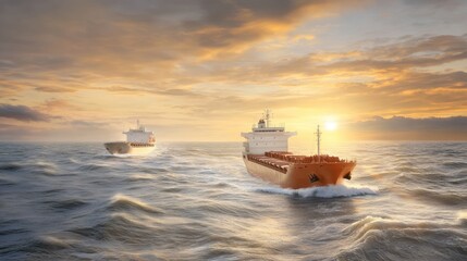 Fototapeta premium Two Cargo Ships Navigating Through Ocean Waves Under Dramatic Sunset Sky with Bright Sunlight Reflecting on Water Surface