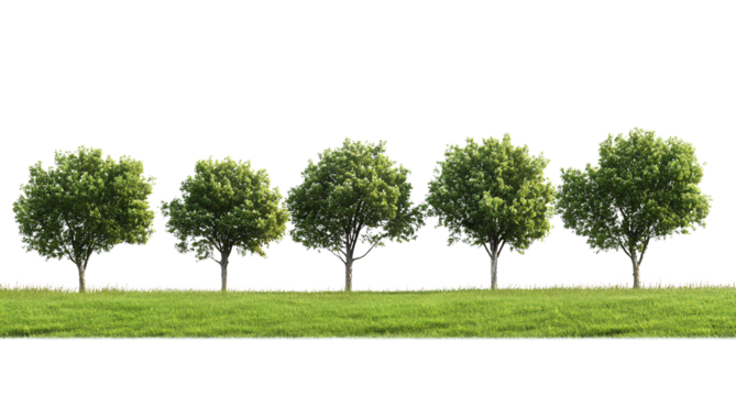 A row of trees on the grassland, transparent background PNG file