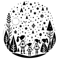 Winter Children Black and White Forest Illustration