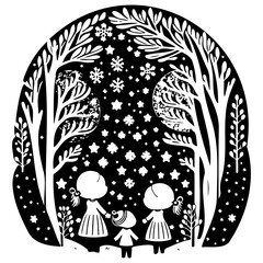 Winter's Embrace: Children in Snowy Forest Scene