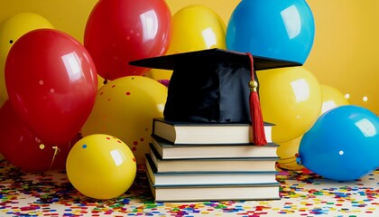 a vibrant celebration of academic achievement featuring a graduation cap resting atop a stack of books surrounded by colorful balloons and confetti.