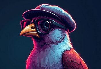 The illustration depicts a sparrow with sleek black glasses perched on its small beak, wearing a stylish cap perched on its head