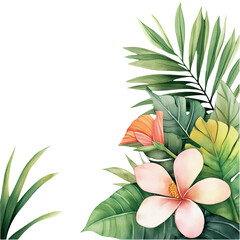 Watercolor tropical corner frame with plumeria hibiscus monstera palm leaves exotic flowers jungle floral arrangement bouquet summer beach wedding invitation greeting card print textile wallpaper