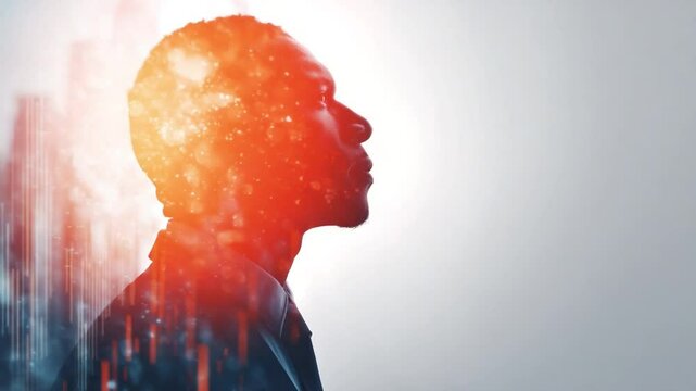 Mind Over Matter: A compelling silhouette of a man, with a cityscape and abstract digital patterns overlaid, evokes a sense of strength, determination, and the human spirit's resilience.