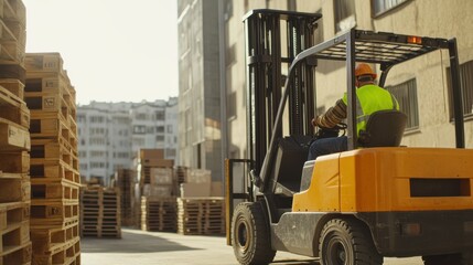 Construction worker guiding a forklift to move heavy pallets. Featuring skill and equipment control