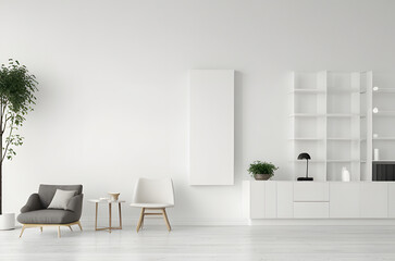 Blank white wall mockup in modern minimalist room with stylish furniture and bookshelf, ideal for poster presentation or layout design template. 3D Rendering modern living room with armchair