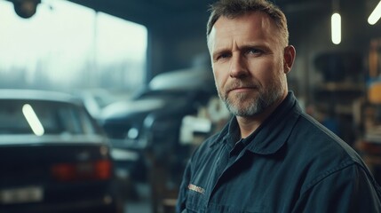 Obraz premium A portrait of a European man in his forties, dressed in mechanic attire, stands confidently in a garage filled with vehicles and tools.