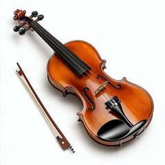 Fototapeta premium Detailed View of a Polished Violin and Bow on White Background