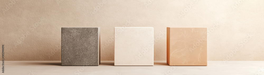 Poster minimalist cubes in neutral colors on simple surface create modern design aesthetic, evoking sense o