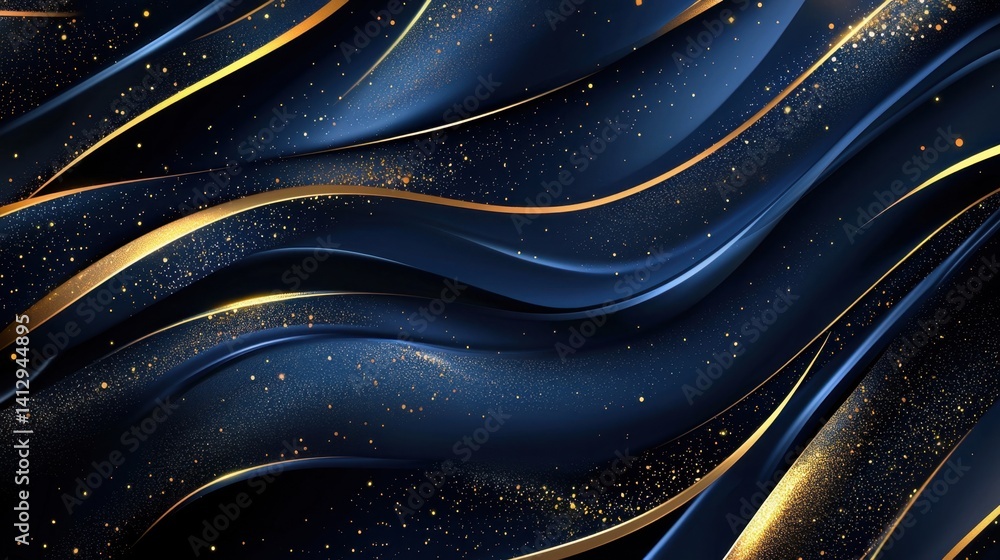 Poster an intricate wave pattern features gold accents flowing across a deep blue background, creating a se