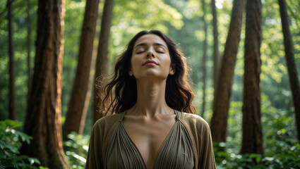 Serene Woman Meditating In Forest Harmony And Natural Tranquility Sunlight