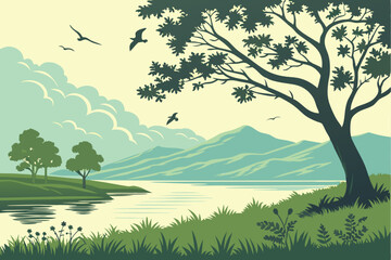 33 Serene landscape, peaceful lake reflection, vibrant green foliage, distant mountains, fluffy white clouds, blue sky, sunrise or sunset, birds in flight, tree silhouette, tranquil nature scene, digi