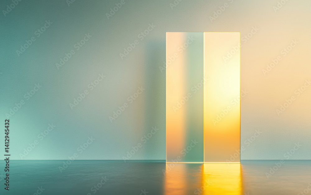 Poster translucent glass panels create subtle reflections on smooth surface, evoking serene atmosphere with
