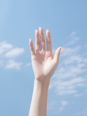 Raised hand reaching toward clear blue sky with clouds