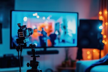 Obraz premium Camera on tripod capturing live streaming in a cozy home setting during the evening