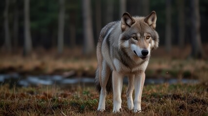 Obraz premium Gray wolf standing in forest, autumn background, wildlife photography