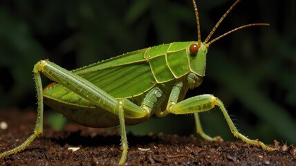 Fototapeta premium Green katydid on ground, rainforest background, nature photography