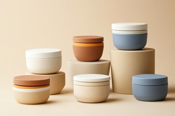 A soft background provides the setting for an elegant arrangement of varied cosmetic jars, displaying beauty products