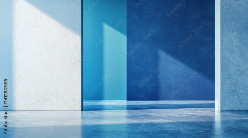 Poster soft light streams through open spaces, highlighting walls in various blue tones. the calm environme