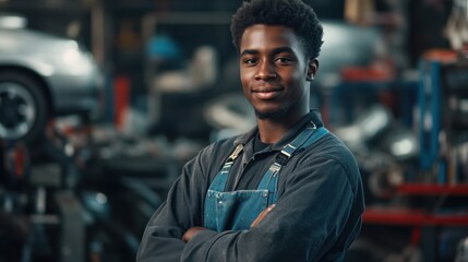 A young African American male mechanic stands confidently in a workshop environment, showcasing his skills and readiness to assist with automotive repairs and service.