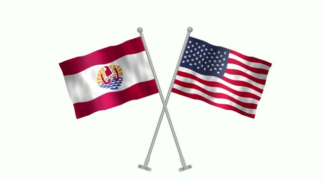 Flag of Frence Polynisia and USA, Cross table flag of Frence Polynisia and USA on white screen, Frence Polynisia and USA 3D Animation flag waving in the wind isolated on white Background. 
