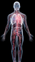 Bioluminescent Anatomical Illustration of the Human Body Showcasing Major Skeletal, Circulatory, and Nervous Systems Against a Dramatic Black Background, Highlighting Visual Elements and Transparency