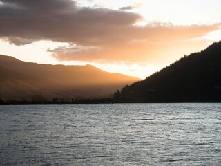 Soft light sunset view of mountainous fiord landscape at Grove Arm Jetty, Okiwa Bay, Queen...