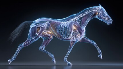 Obraz premium Dynamic X-ray Visualization of Horse Musculature and Skeletal Structure, Highlighting Key Muscle Groups and Bones in Brilliant Blue and White Bioluminescence Against a Dark Background