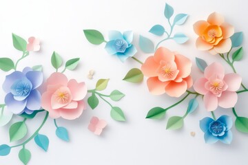 The room is filled with a beautiful decorative display of paper flowers in a multitude of colors and shapes