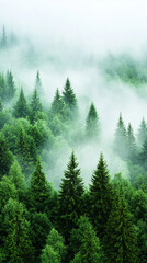 Fototapeta premium Misty forest at sunrise with soft pastel hues and evergreen trees