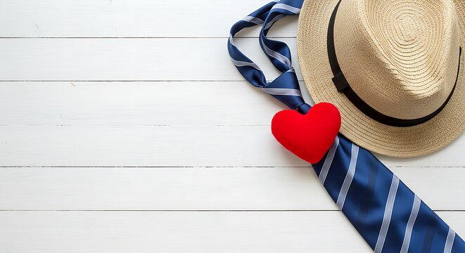 Happy Father's Day background concept with tie and red heart and hat