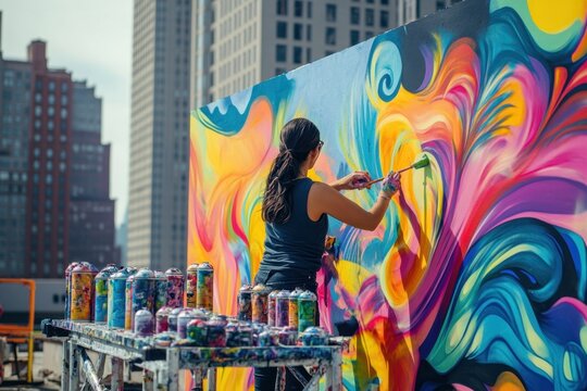 Vibrant street artist creating a colorful mural in an urban setting during daylight hours