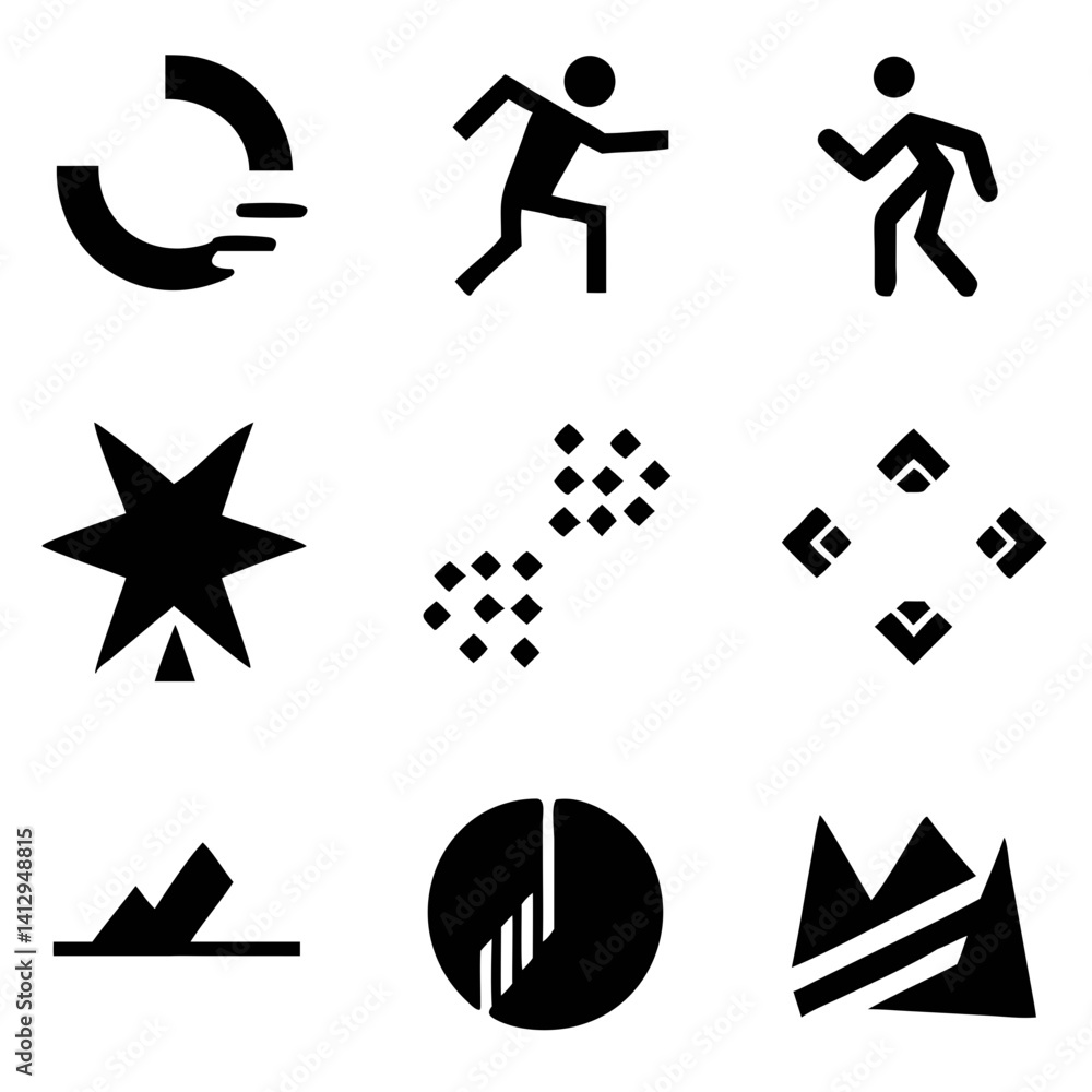 Poster bold minimalist icons: a dynamic collection of movement, data, and directional symbols, featuring sh