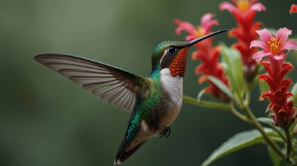 Fototapeta premium Hummingbird feeding on red flowers, rainforest background, nature photography
