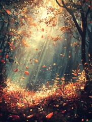 Fototapeta premium Autumnal Embrace: A mesmerizing illustration of an autumnal forest, where sunbeams dance through the canopy, illuminating a tapestry of fallen leaves, evoking warmth and serenity.