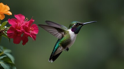 Fototapeta premium Hummingbird hovering near red flower, green background. Nature photo for websites