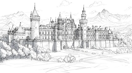 A historic castle with intricate line sketch detailing