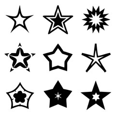 Nine unique starburst designs, a constellation of bold black shapes against a stark white background, showcasing diverse geometric patterns and styles.