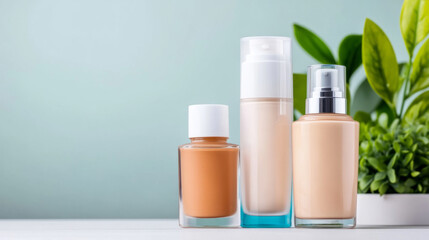 Organic natural foundation bottles with greenery for eco friendly beauty and skincare