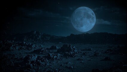 Fototapeta premium Ethereal moonlight bathes a desolate alien world casting haunting shadows on jagged rocky landscape