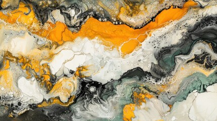 Fototapeta premium A captivating composition showcases a blend of bright orange, black, and white hues swirling together, creating an organic feel reminiscent of geological formations