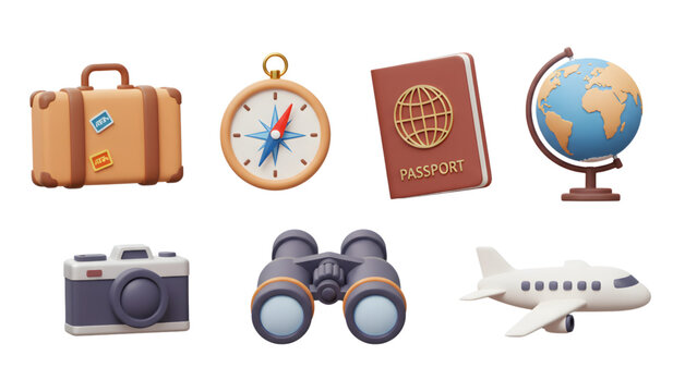 3d travel icons set: suitcase, compass, passport, globe, camera, binoculars, airplane png