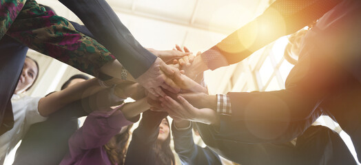 Business people, Join hands, Business team or entrepreneur join hands together at conference....