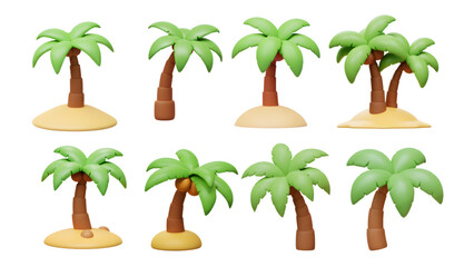 3d palm tree set, cartoon tropical island trees, summer vacation elements png