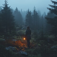 Fototapeta premium Wanderer with a lantern in the mist shrouded forest, serene and enigmatic