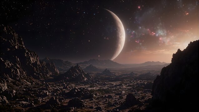 Discover a mesmerizing view of a tidally locked planet showcasing a twilight filled terrain with celestial radiance and rugged features