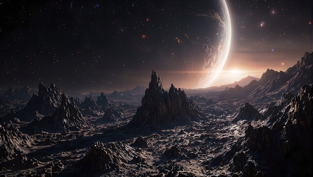 Discover a mesmerizing view of a tidally locked planet showcasing a twilight filled terrain with celestial radiance and rugged features