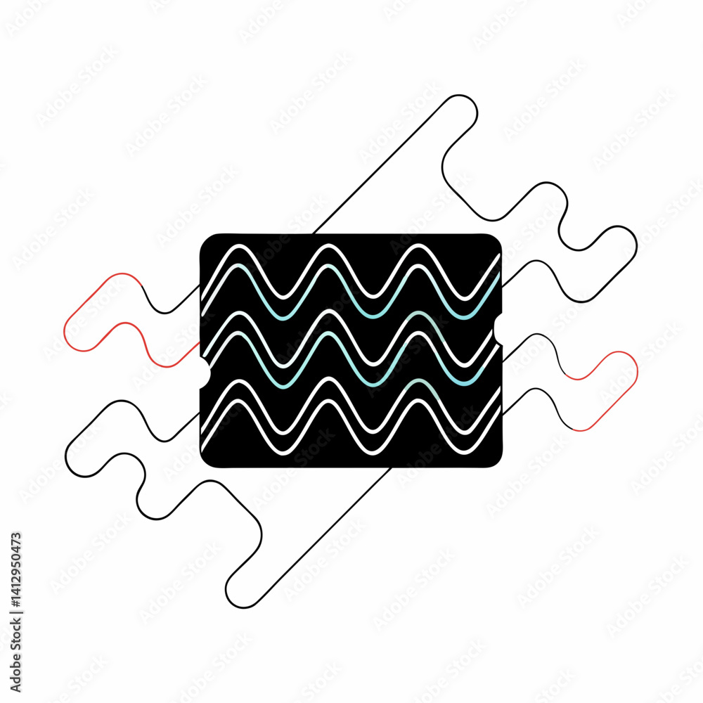 Poster a sleek black card pulsating with rhythmic teal waves, symbolizing a dynamic flow of energy and data